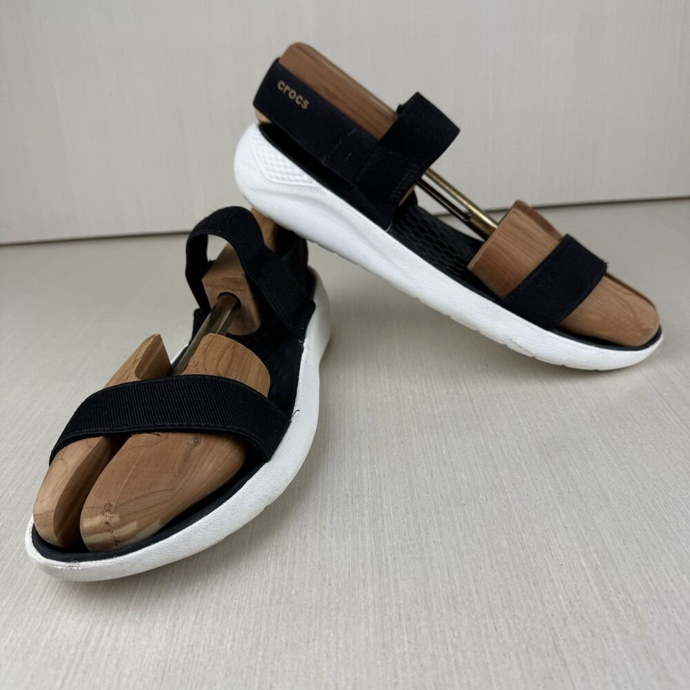 Crocs Literide Womens Black White Elastic Strap Sandal Size 10